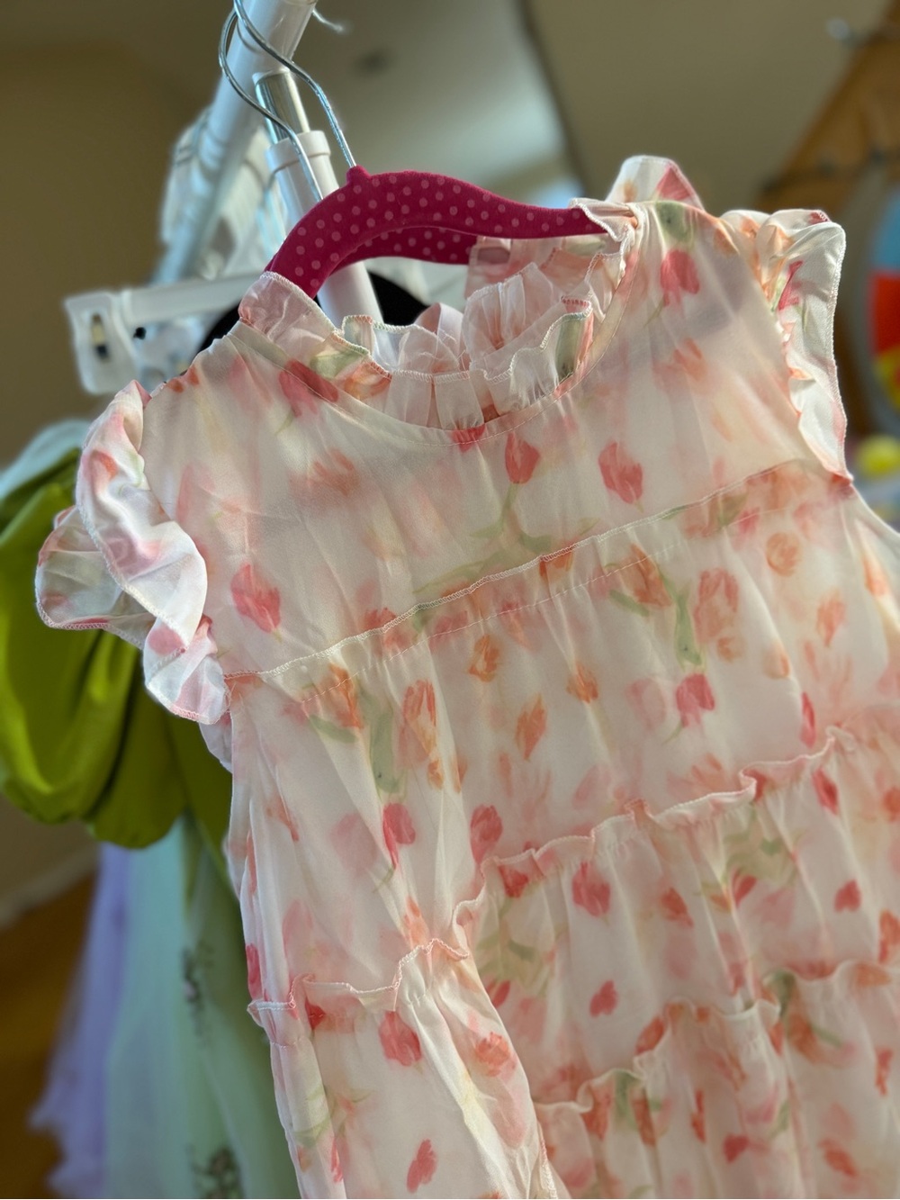 Girls' Floral Tiered Chiffon Dress - Pink 6-7 - Picture 9 of 12
